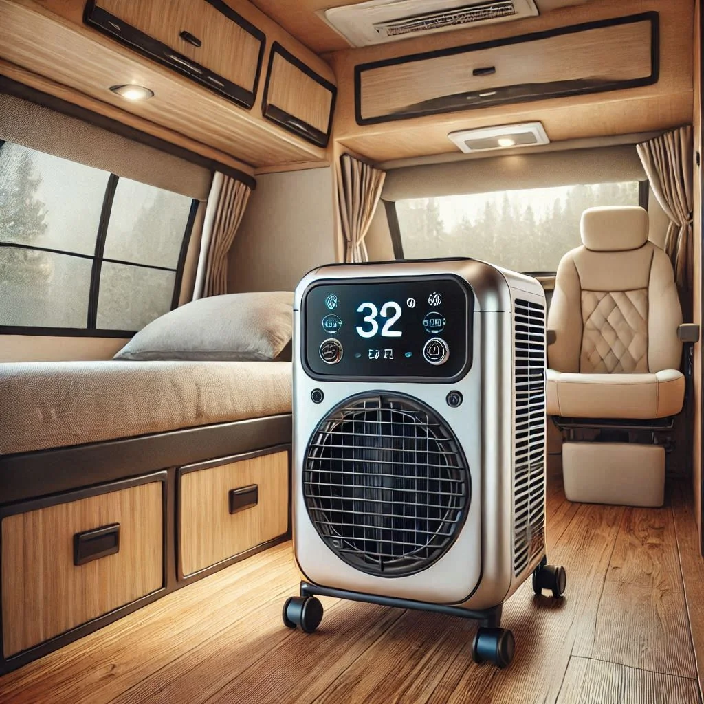 A sleek portable AC unit inside a compact camper, cooling a small space efficiently with a digital display showing temperature settings.