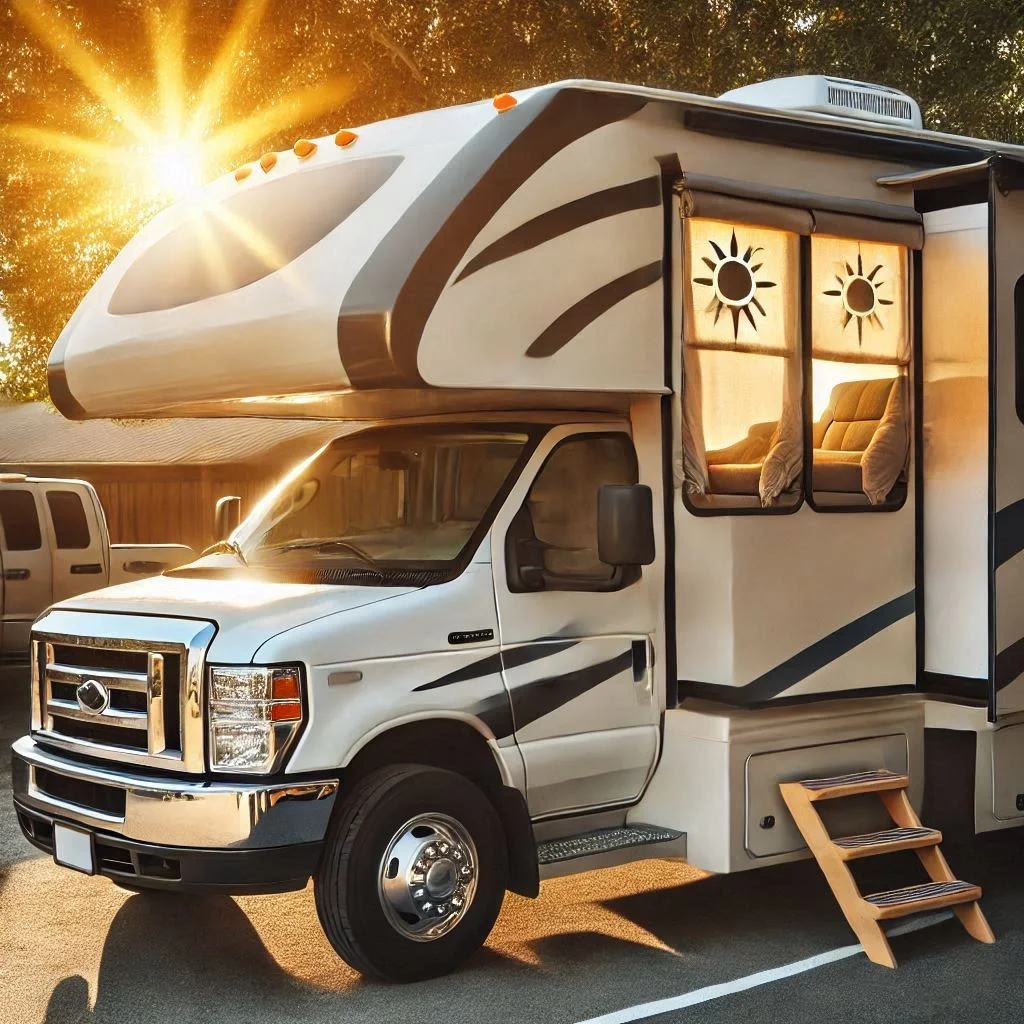 Image showing an RV parked in the shade with sunshades covering the windows, preventing heat build-up inside the vehicle.