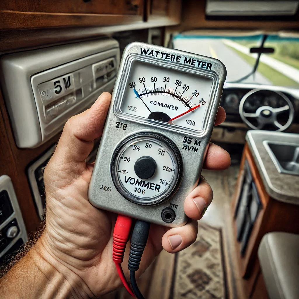 "An image showing a wattage meter in use, measuring the power consumption of an RV air conditioner"