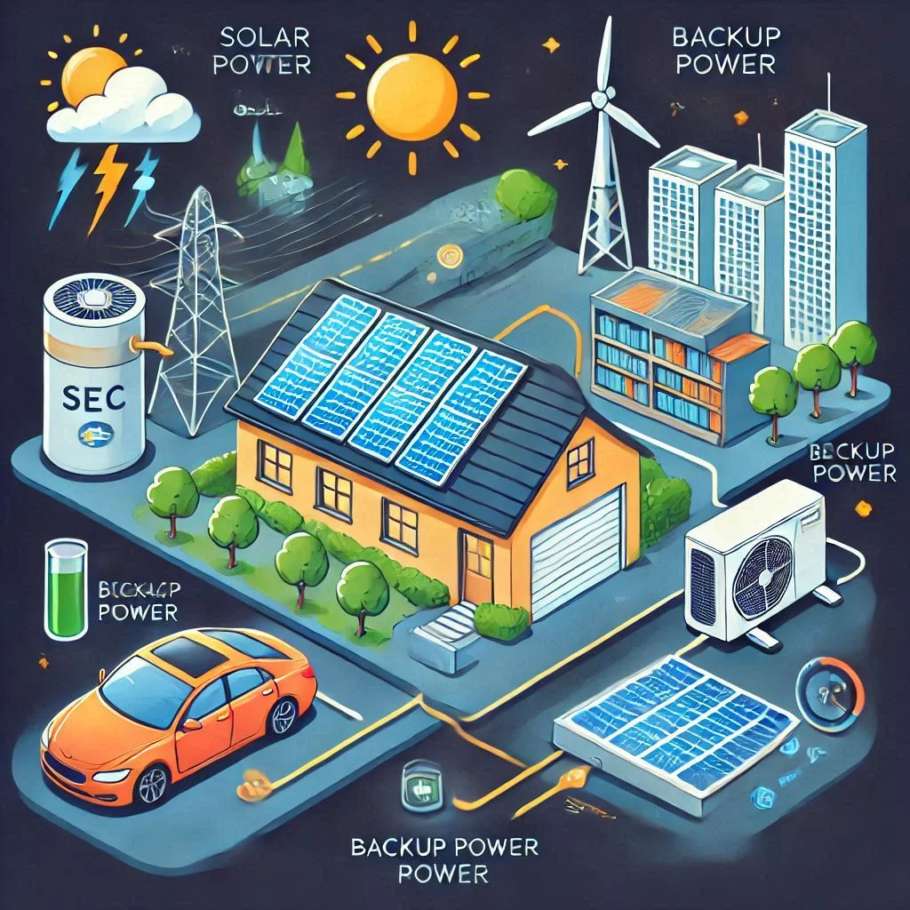 "Infographic showing how solar panels charge batteries and provide backup power for air conditioning during non-sunny hours."