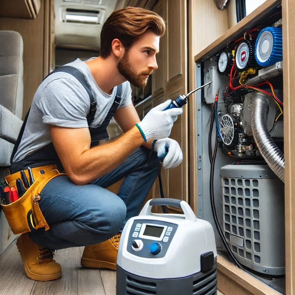 Image of an HVAC technician using specialized equipment to detect a refrigerant leak in an RV air conditioner.