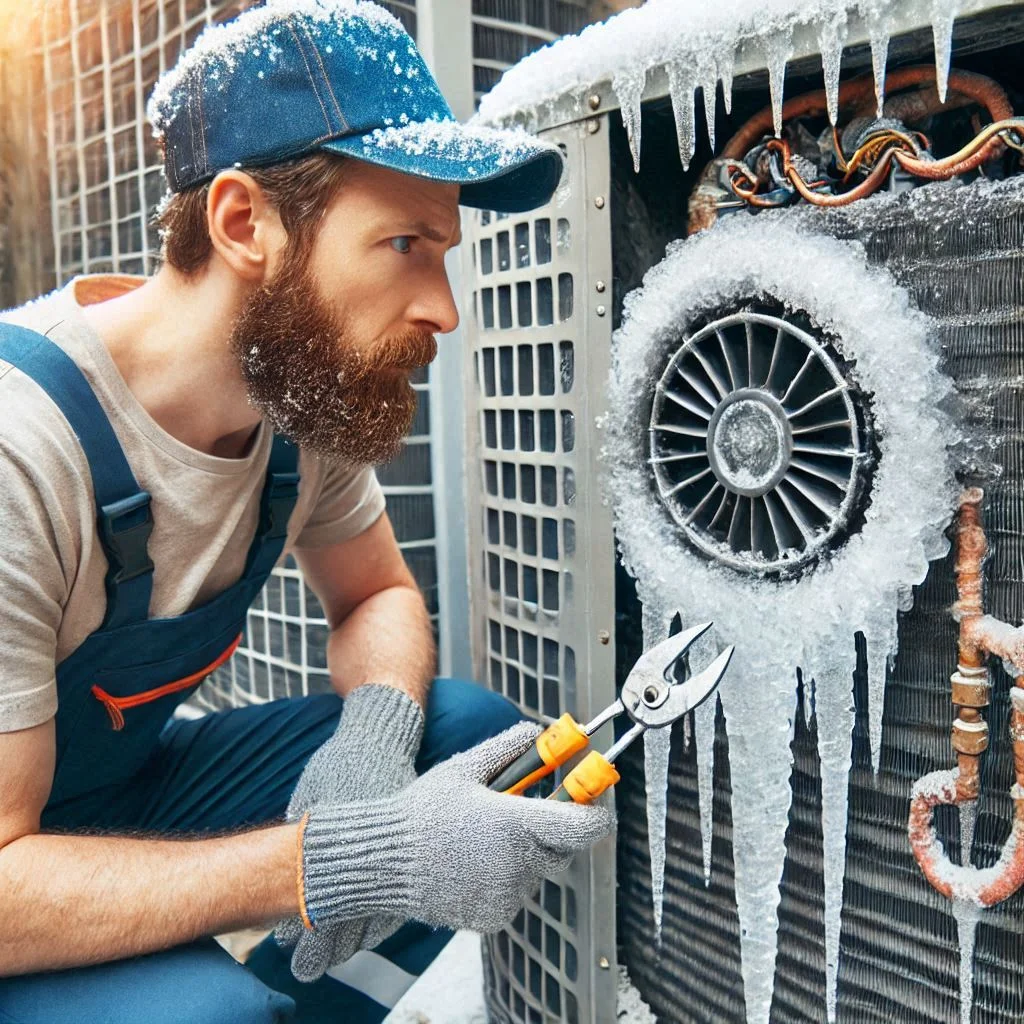 Image of a technician inspecting a frozen air conditioning coil, with ice buildup clearly visible on the AC unit.