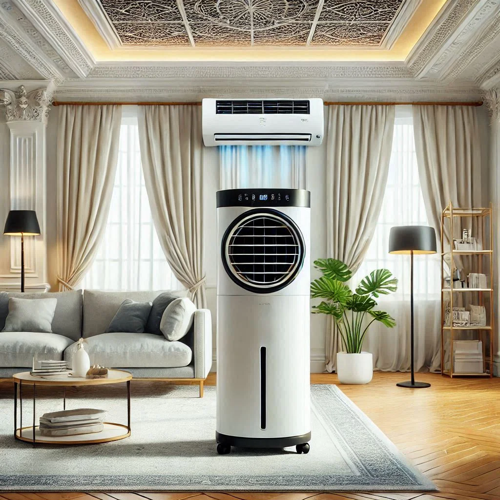 "Whynter ARC-14S Dual Hose Portable Air Conditioner in a spacious living room, showcasing the dual hose system and large cooling capacity."