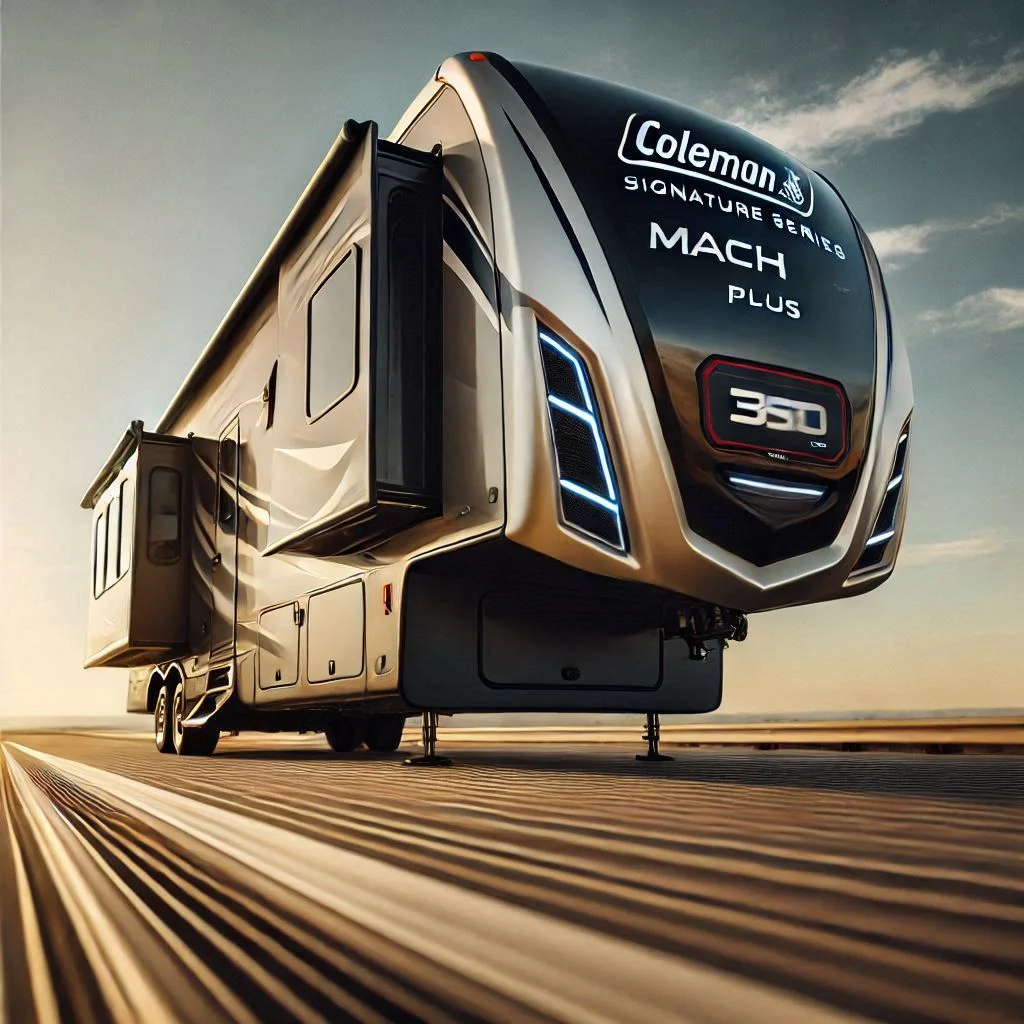 A sleek, side-angle shot of the Coleman-Mach Signature Series MACH 3 Plus installed on the roof of an RV with clear blue skies in the background.