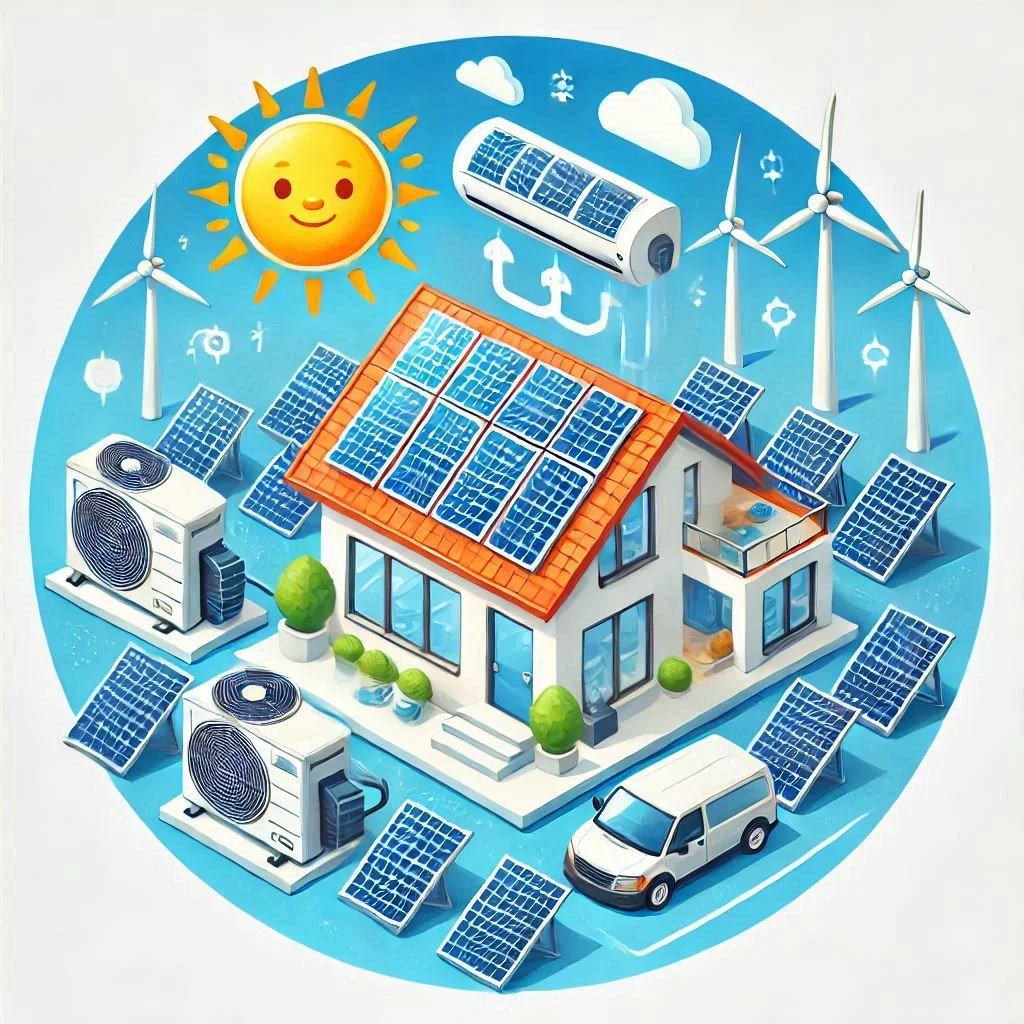 "Illustration of a solar panel array generating power during the day, with sun rays and an AC unit running efficiently."