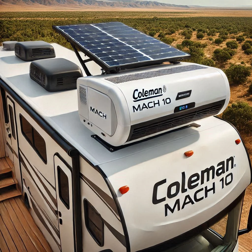 A Coleman-Mach Mach 10 RV air conditioner installed on the roof of a modern RV, showing its sleek low-profile design and solar compatibility setup.