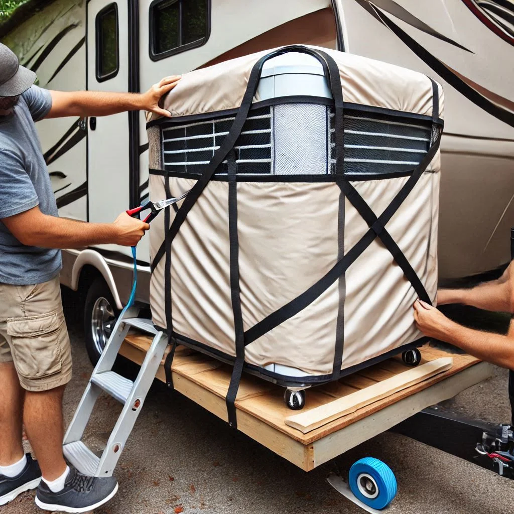 "Close-up of a protective cover being installed on an RV air conditioner, showing the proper fit and securing straps."