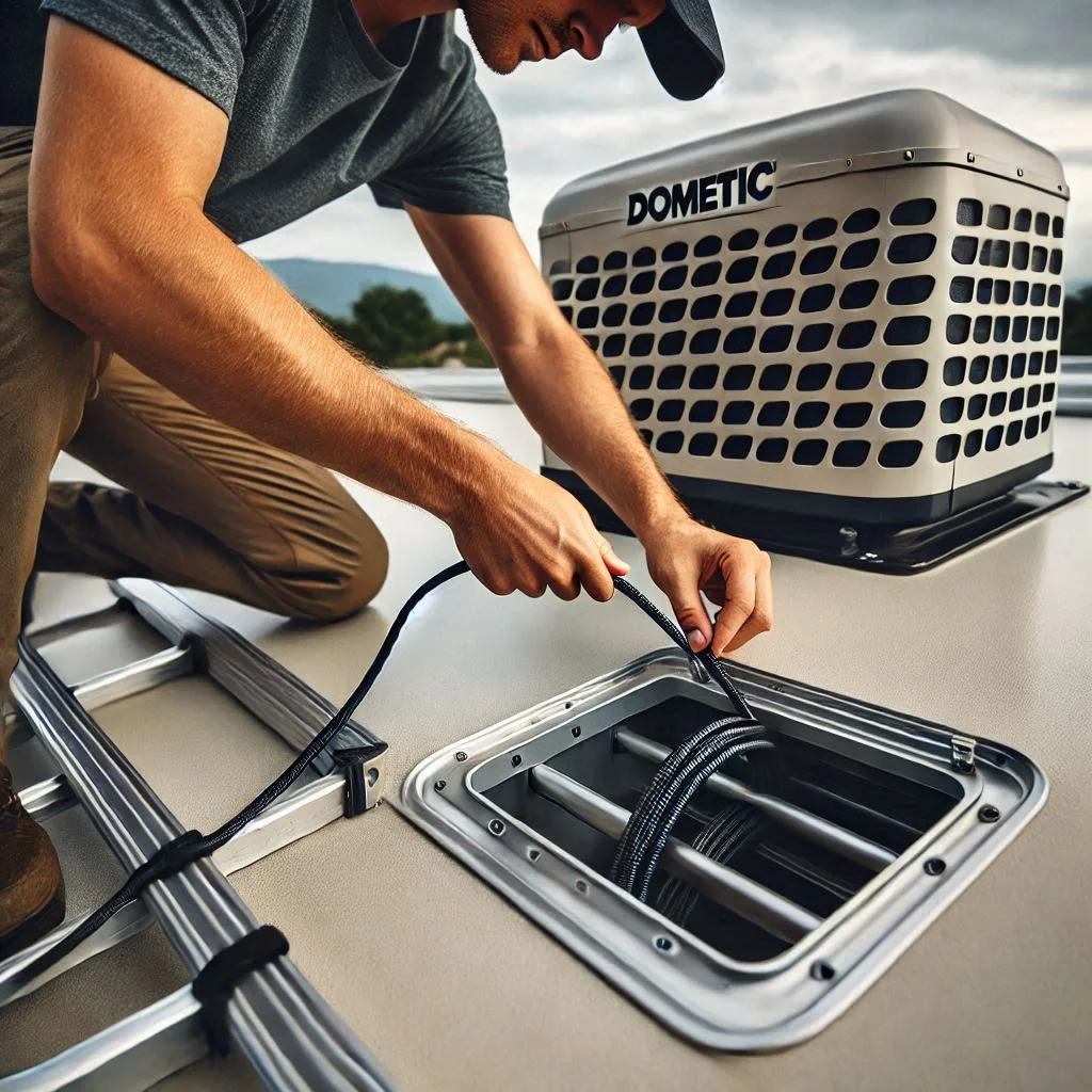 A close-up shot of a person running the electrical cable from the Dometic RV air conditioner on the roof down into the RV. The image should show the cable secured with cable ties along the roofline, and the opening where the cable is entering the RV should be clearly visible.