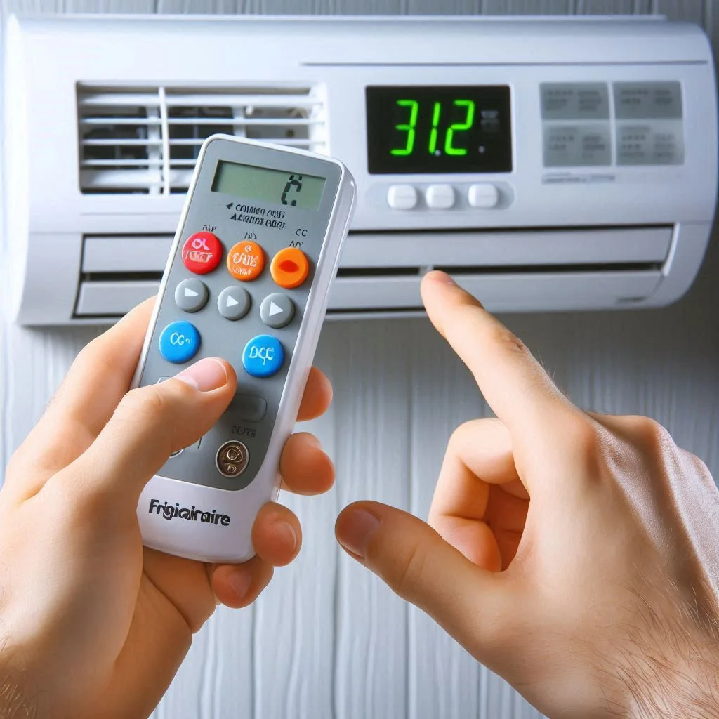 A person pressing the reset button on a Frigidaire AC unit, followed by removing and reinserting the batteries into the remote.