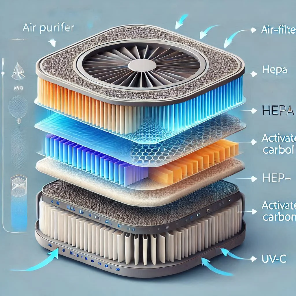 A cross-sectional diagram of an air purifier showing airflow and filtration layers (pre-filter, HEPA, activated carbon, UV-C).