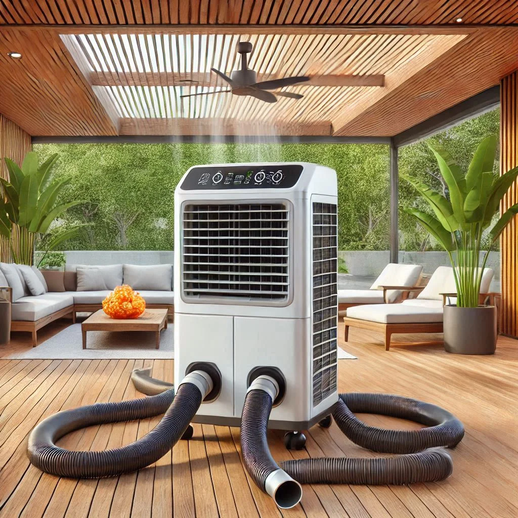 Generate an image of the Whynter ARC-14S dual-hose portable air conditioner cooling a large outdoor patio, with visible dual hoses and a spacious area.