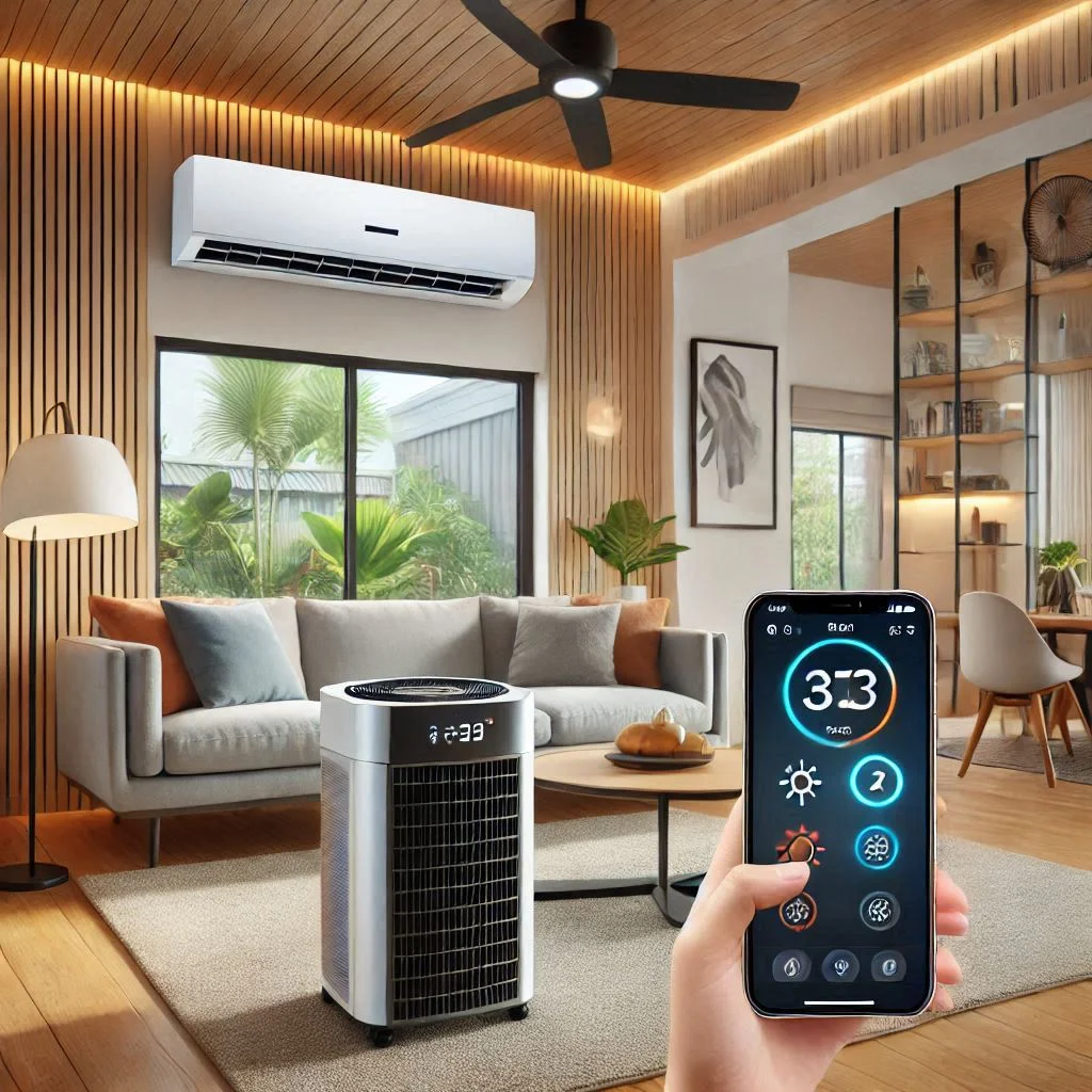 "TCL 5P93C Smart Series Portable Air Conditioner in a modern living room, with a smartphone app displaying its control features."