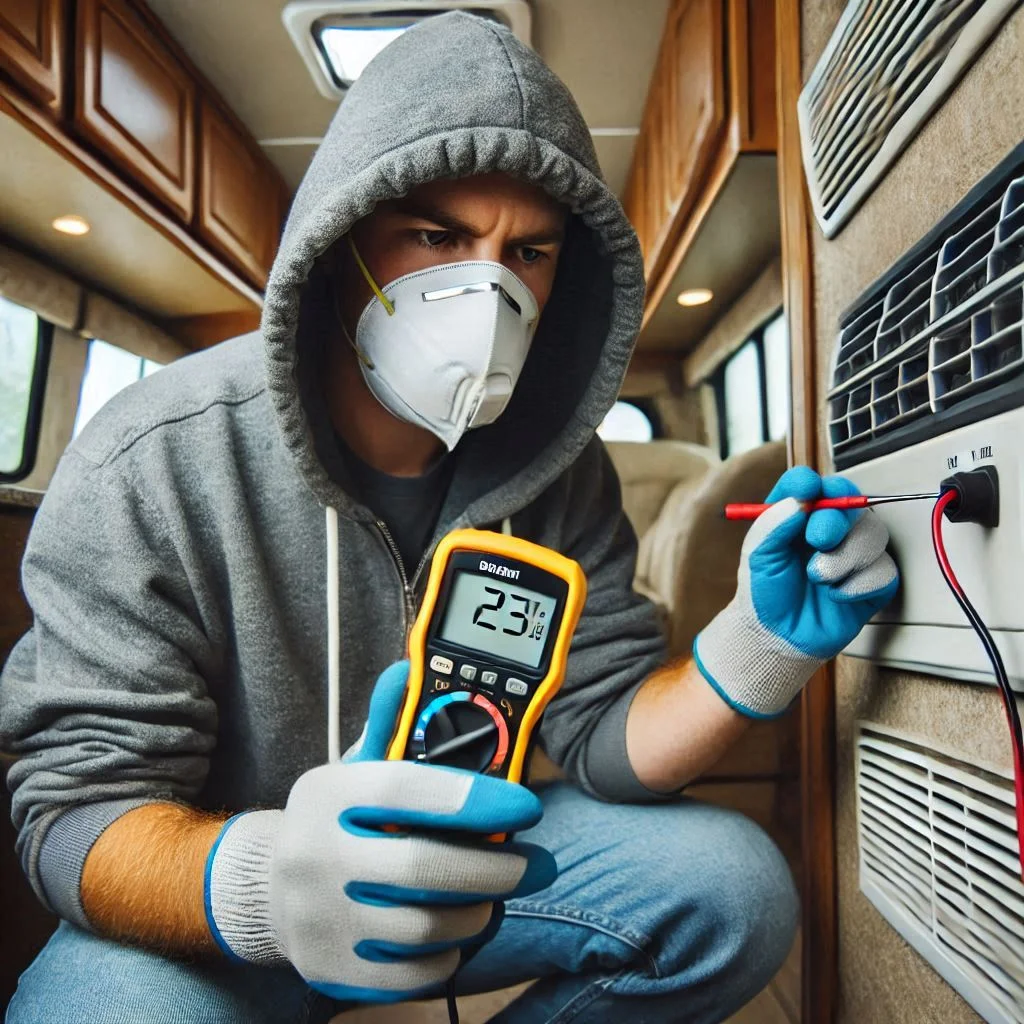 A person wearing insulated gloves and using a voltage tester to ensure an RV air conditioner is safe to handle.