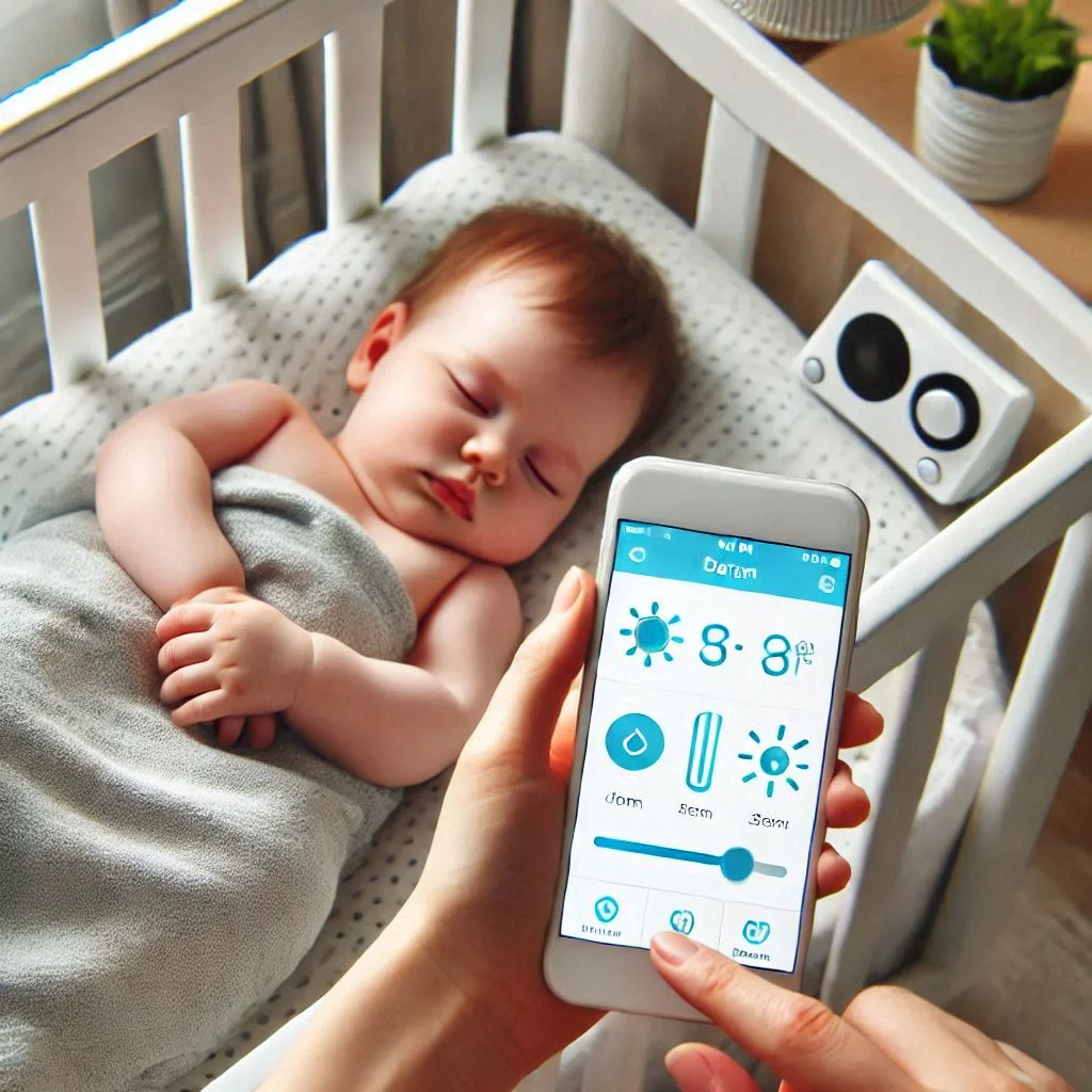 A parent using a smartphone app to adjust a nursery's air conditioner settings while a baby sleeps peacefully.