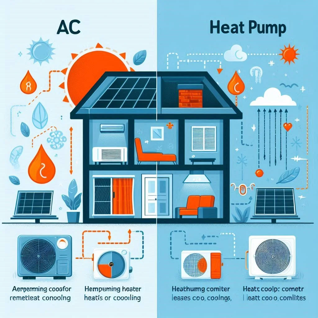 Comparison chart or infographic illustrating the difference between AC and heat pump for hotter climates, emphasizing AC's cooling capabilities and heat pump's heating/cooling features.