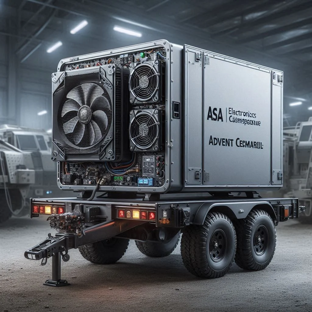 The ASA Electronics ACM135 Advent Air mounted on a compact travel trailer, with emphasis on its compact dimensions and rugged build for efficient cooling.