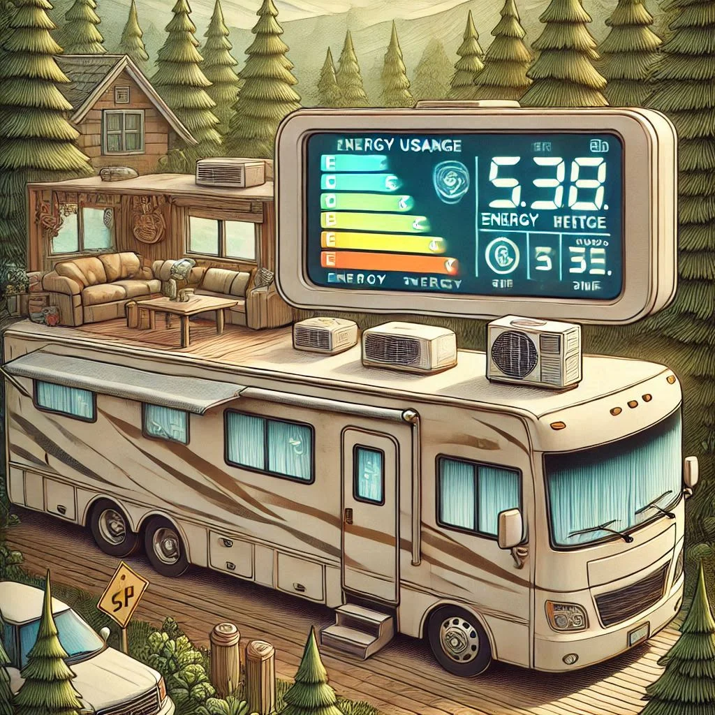 "RV air conditioner running continuously with energy usage indicators on screen."