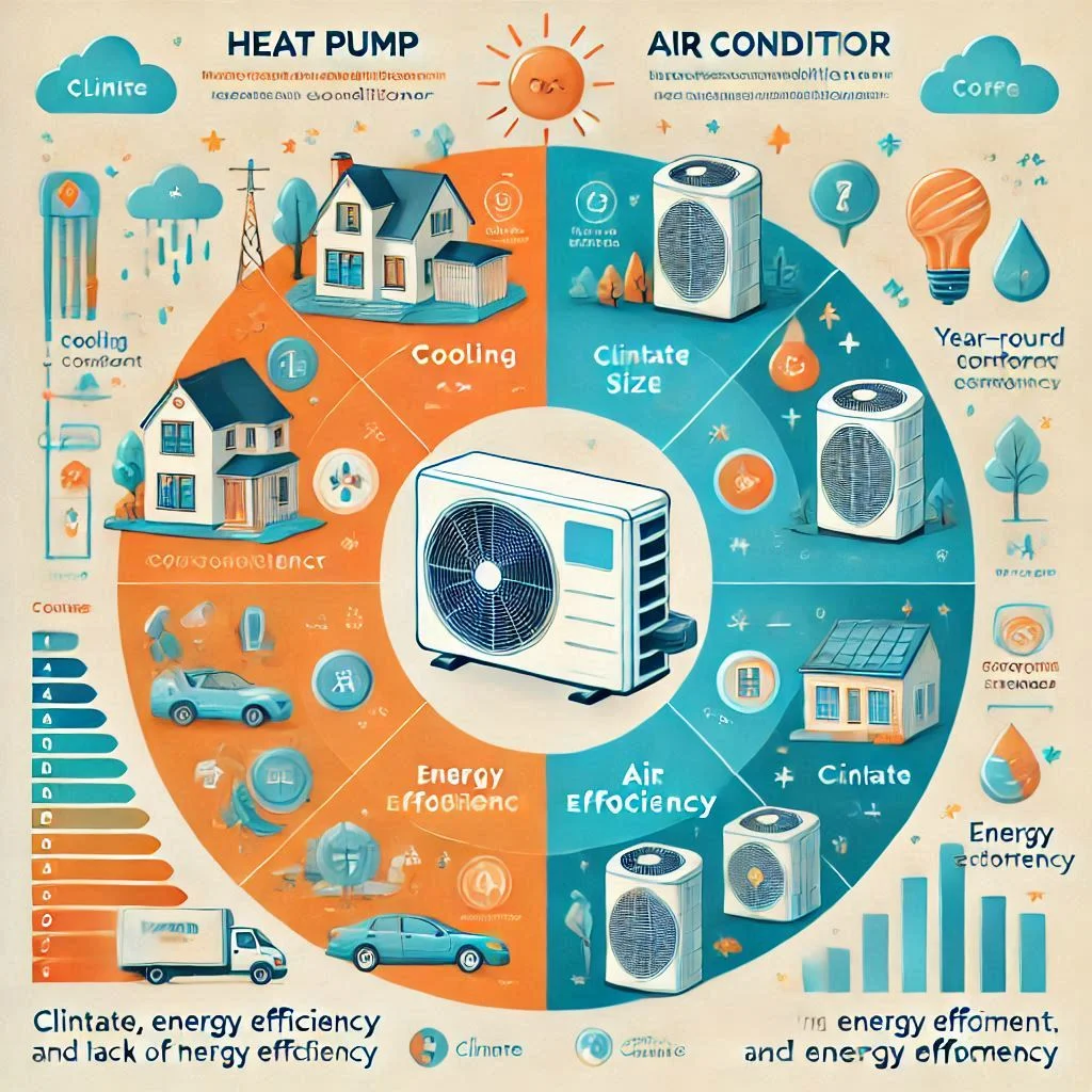 "A comparison chart showing the factors to consider when choosing between a heat pump and air conditioner: climate, home size, energy efficiency."