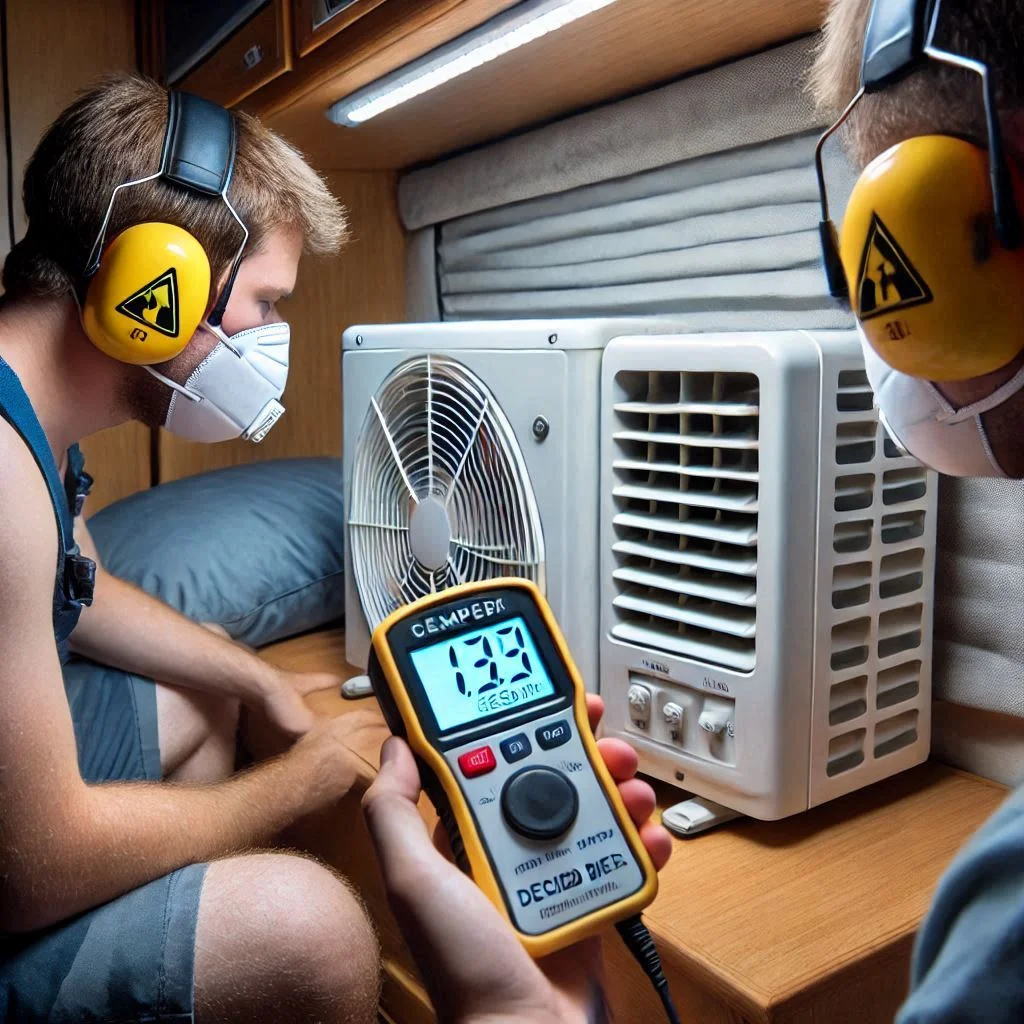 Testers measuring the noise level of a portable AC unit inside a camper, using a decibel meter during nighttime.