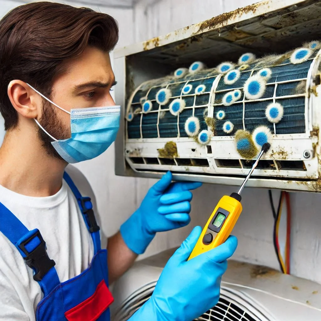 "An AC technician inspecting and cleaning an air conditioning unit, focusing on mold and bacteria prevention through proper maintenance."