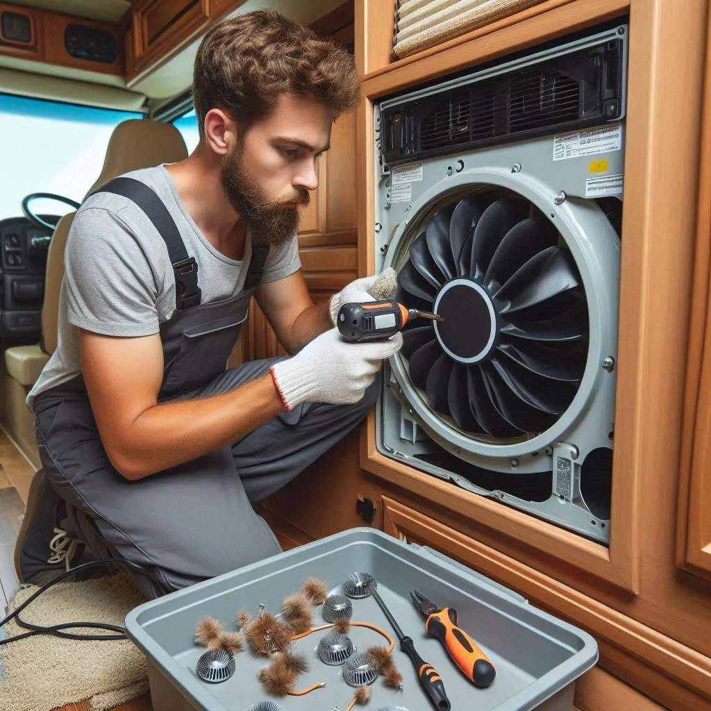 "An image of a technician inspecting the fan of a Houghton RV air conditioner, removing debris to stop the noise. The technician is working with proper tools in a clean RV setting."