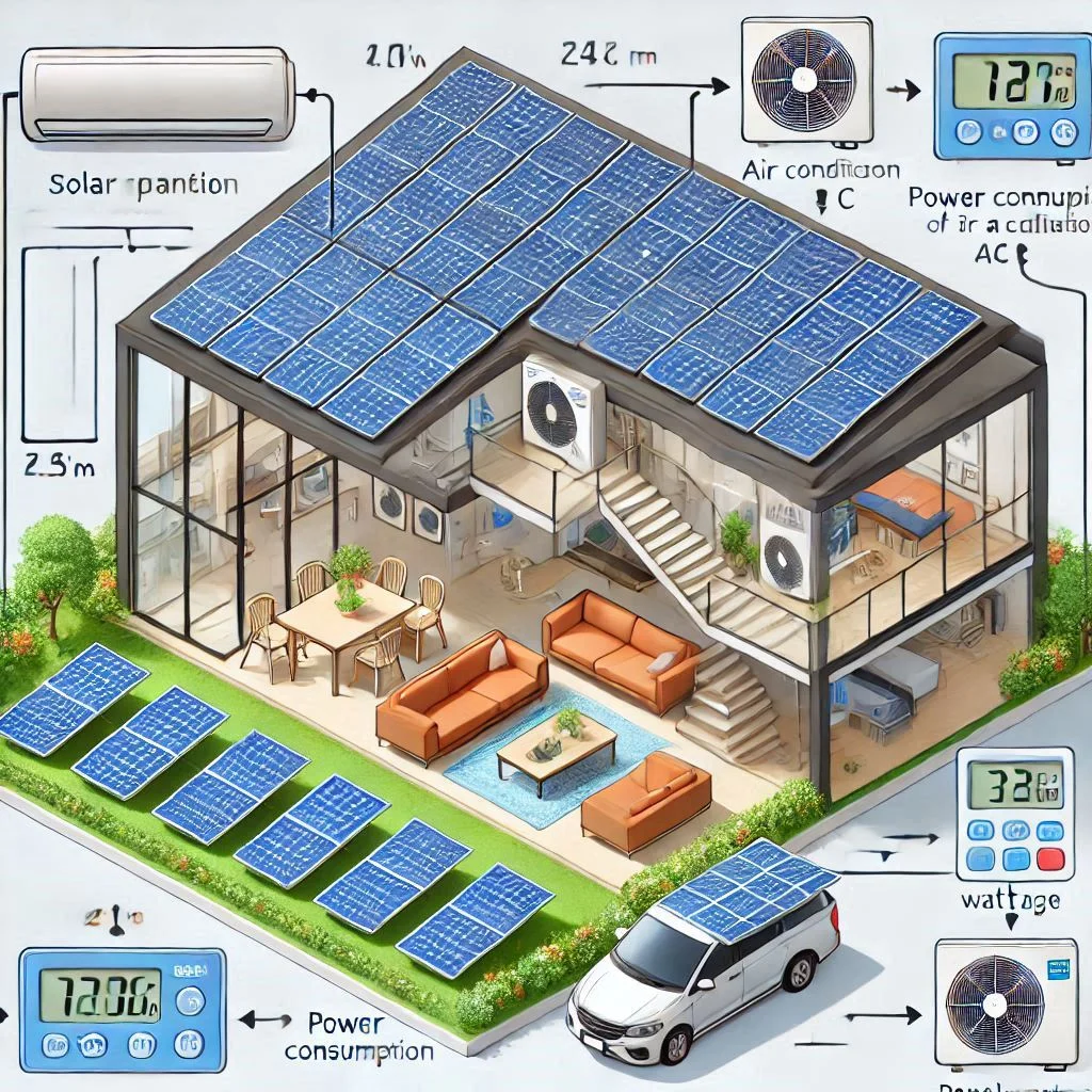 "Diagram showing how to calculate the number of solar panels required for an air conditioner based on the power consumption of the AC and panel wattage."