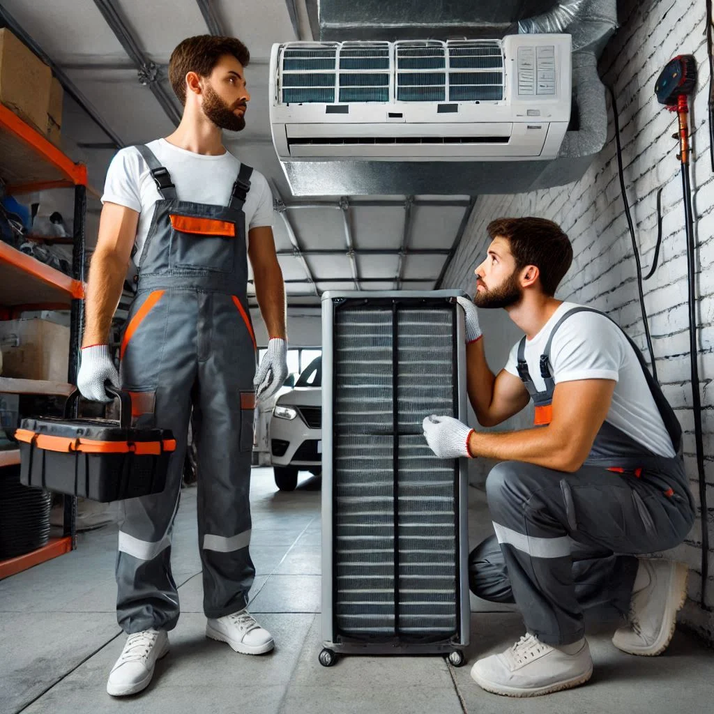 A technician inspecting an air conditioner in a garage gym, cleaning the filters and checking for leaks.