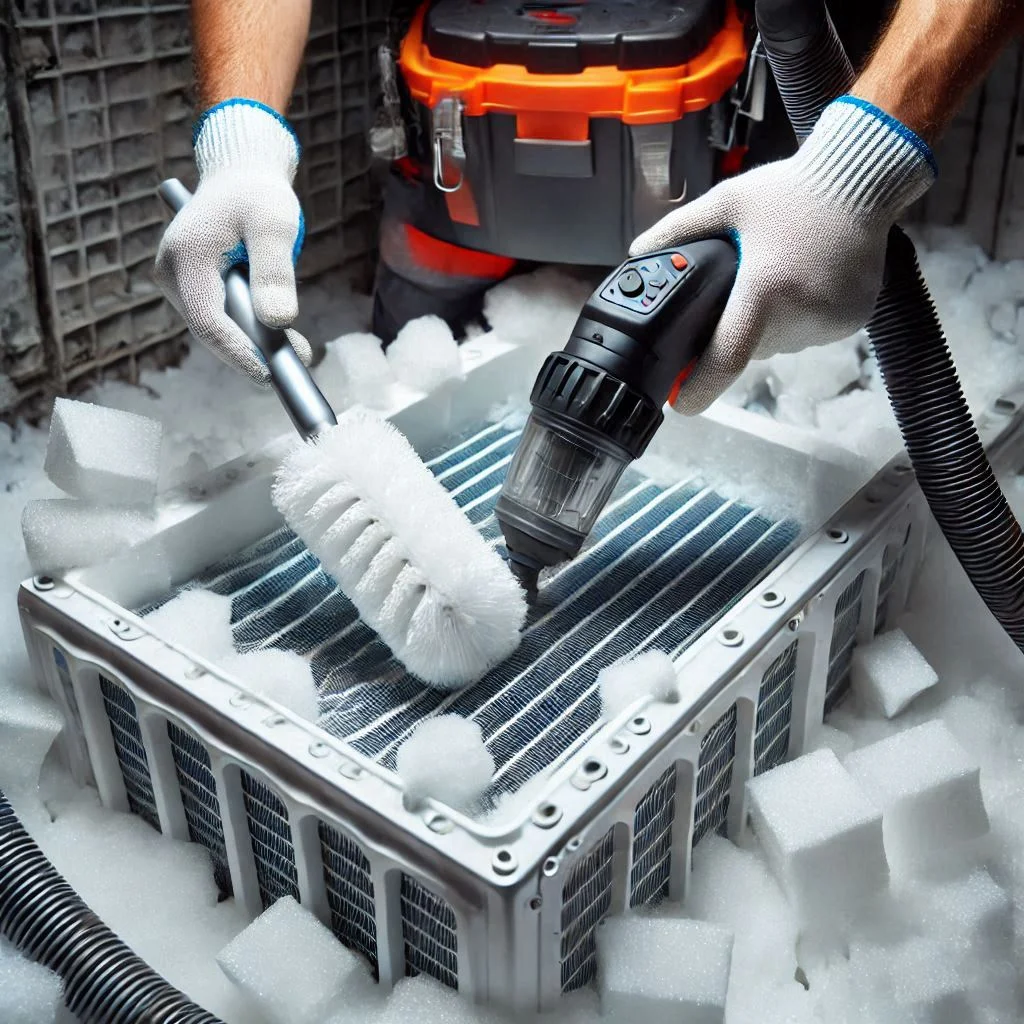 "An image showing a close-up of a technician using a vacuum cleaner with a brush attachment to clean the styrofoam in an air conditioner."