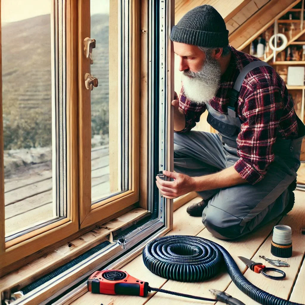 A screenshot of a completed DIY window seal installation from the video, showing the final fit and vent pipe connection.