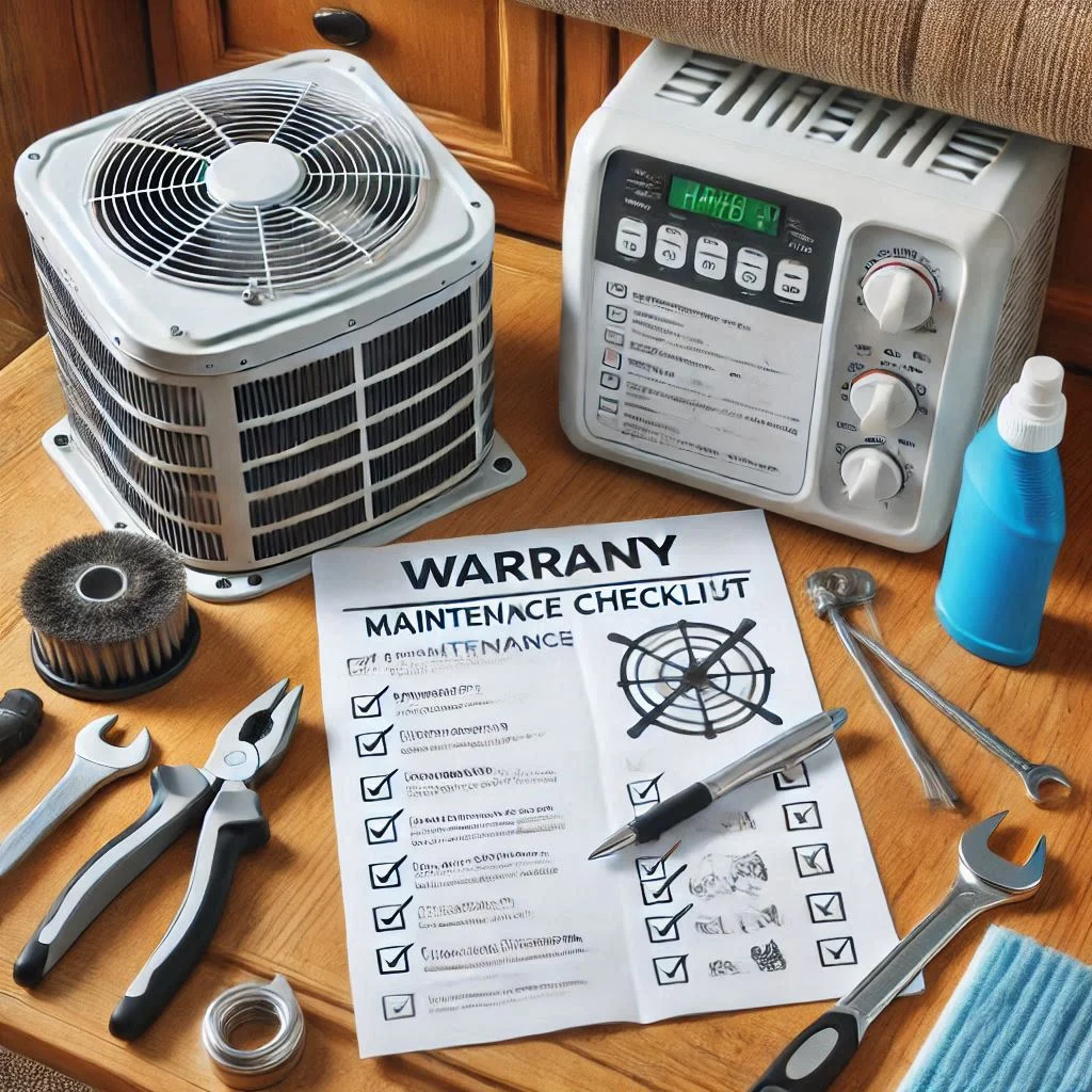 A warranty booklet and maintenance checklist placed next to an RV air conditioner, with tools and cleaning supplies nearby.