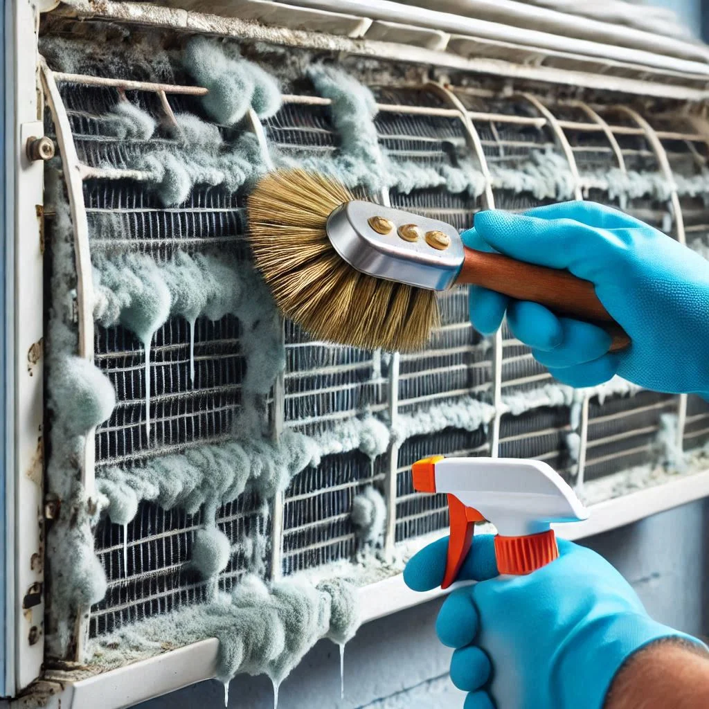 "A close-up of cleaning the cooling coils of a window air conditioner with a soft brush and coil cleaner, ensuring thorough mold removal."