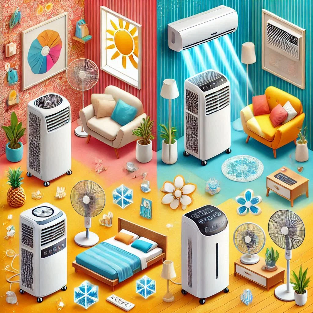 "Image of various portable air conditioners in different price ranges, highlighting their features and cooling capacities."