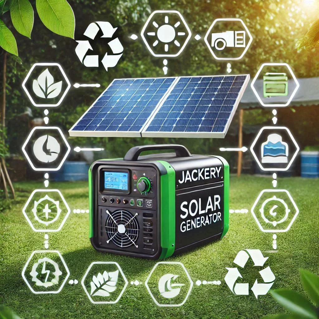 Generate an image showing a Jackery Solar Generator powering a portable AC unit in an outdoor setting, with icons symbolizing eco-friendliness, like a green leaf and the sun.