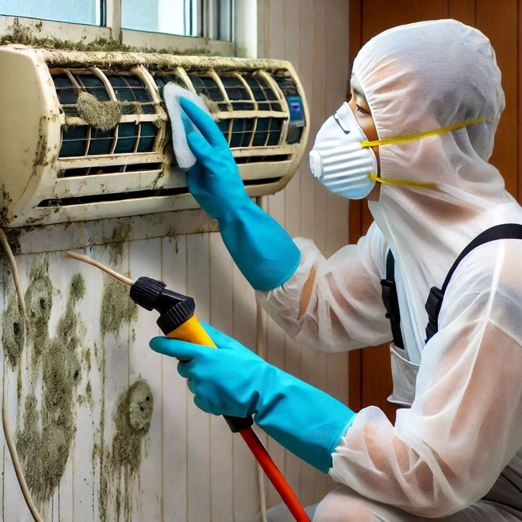 "A person wearing protective gloves and a mask while cleaning a window air conditioner to remove mold, emphasizing the safety precautions during mold removal."'