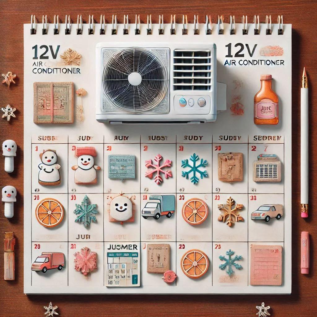 "A calendar highlighting the best months for purchasing a 12V air conditioner, with seasonal promotions and off-season discounts marked."