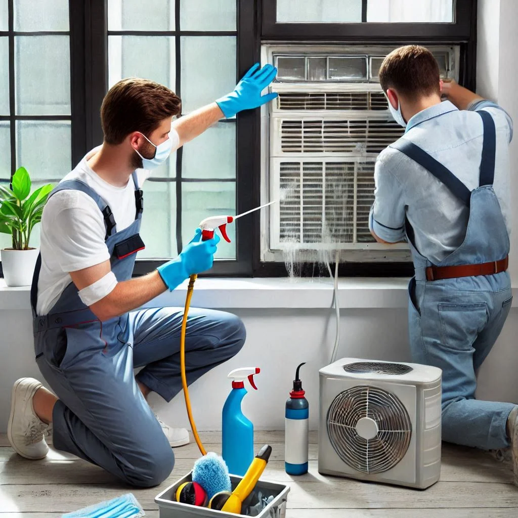 "A professional HVAC technician servicing and cleaning a window air conditioner, ensuring the unit remains free from mold and dirt buildup."