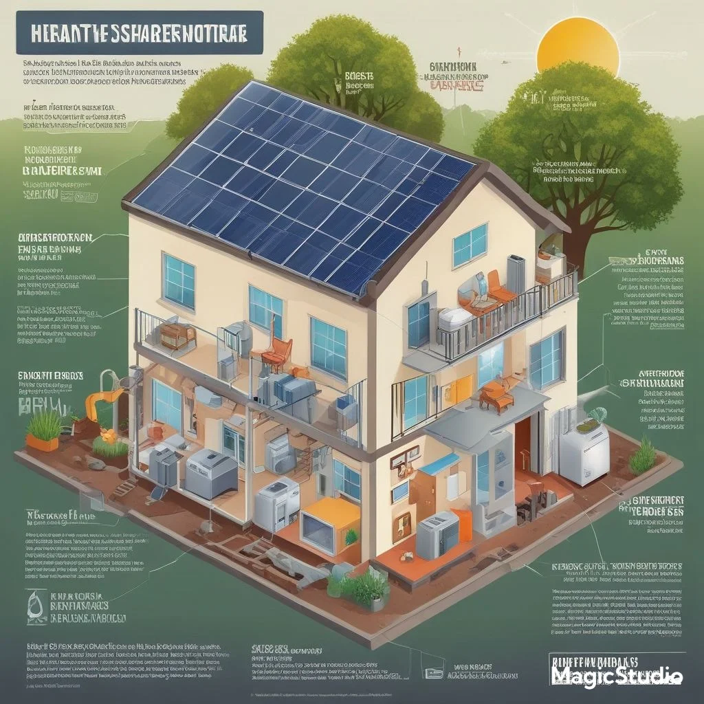 An infographic of a heat pump connected to a house, powered by solar panels, showing reduced energy consumption and environmental benefits.