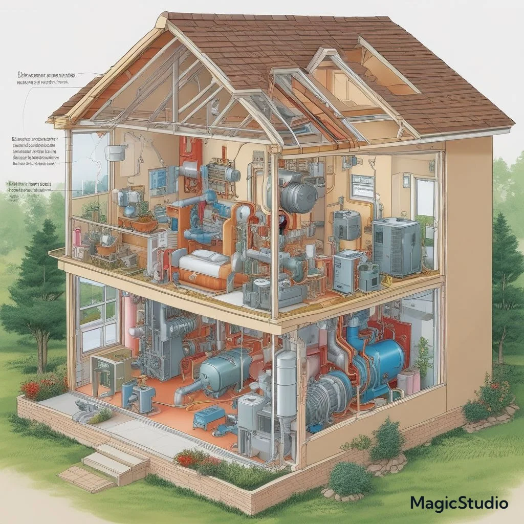 A cutaway illustration of a home showcasing different types of heat pump installations (ducted and ductless systems) labeled for versatility and quiet operation.