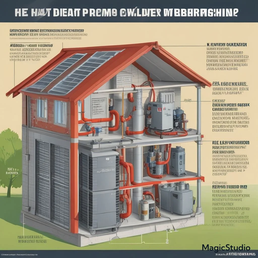 An infographic of a heat pump system maintaining cool temperatures in a home during a hot summer day, with labeled SEER ratings and energy efficiency.