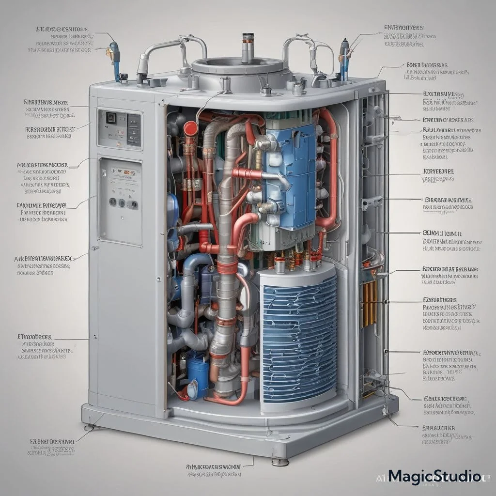 A cross-section image of a heat pump with labeled parts showing inverter technology, refrigerants, and advanced coils designed for effective cooling.