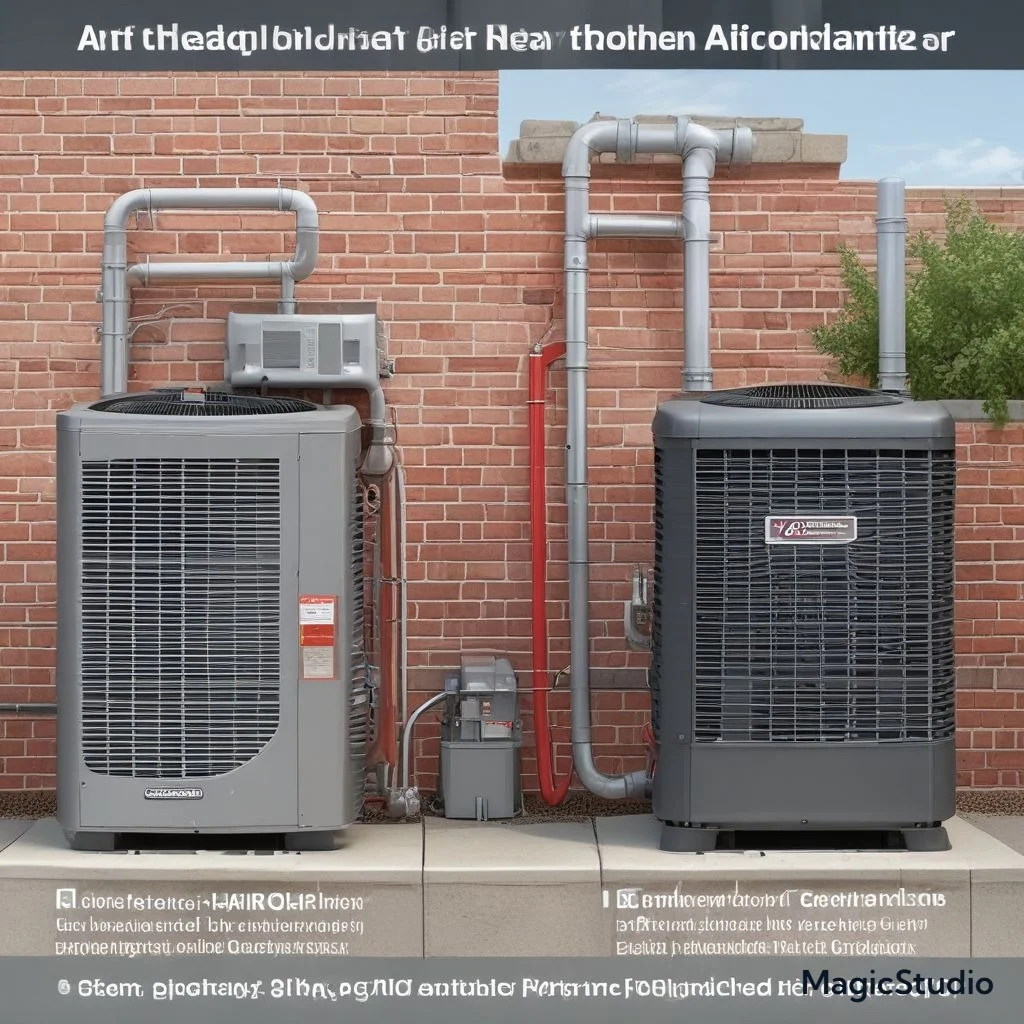 An image showing a side-by-side comparison of a heat pump and an air conditioner, with labeled features highlighting heating and cooling versatility versus specialized cooling.