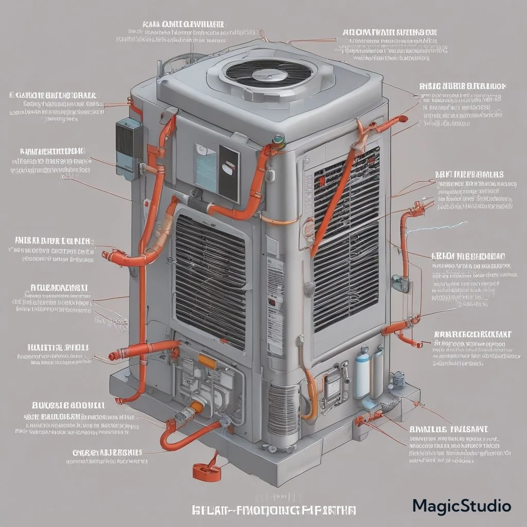 A labeled diagram of a heat pump system showing the evaporator coil, compressor, condenser coil, and refrigerant flow, with arrows indicating heat movement between indoor and outdoor environments.