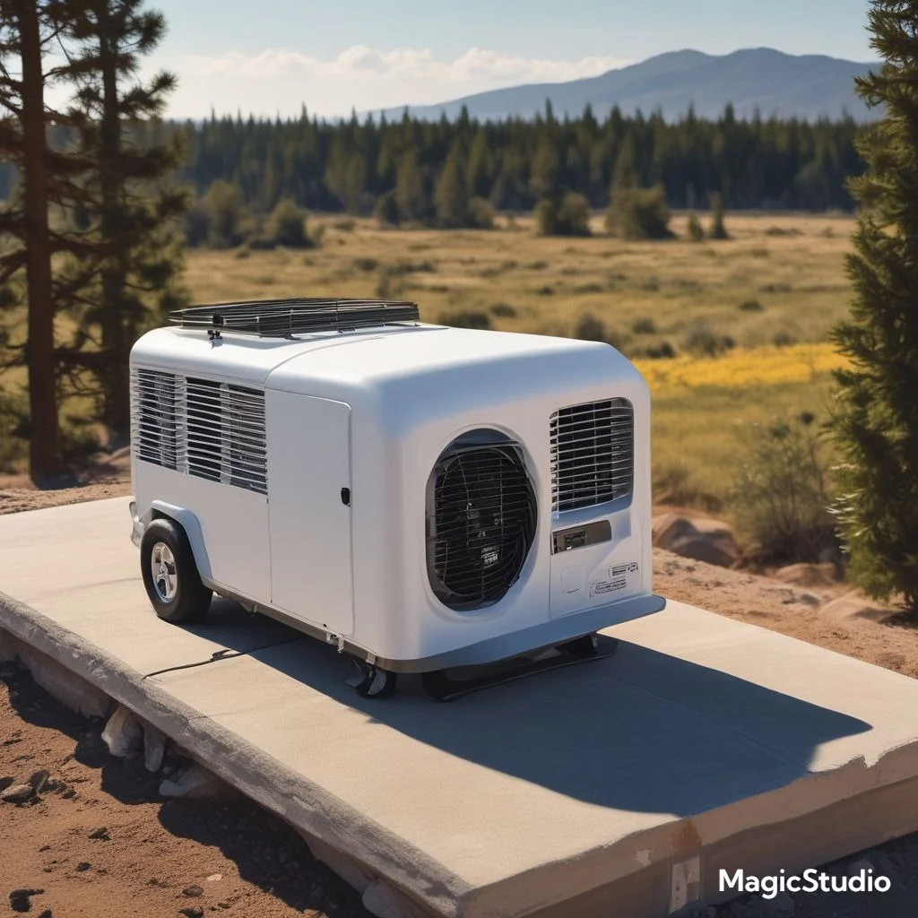 "A close-up of a Dometic RV air conditioner mounted on the roof of a modern RV, parked at a scenic campsite under a sunny sky."