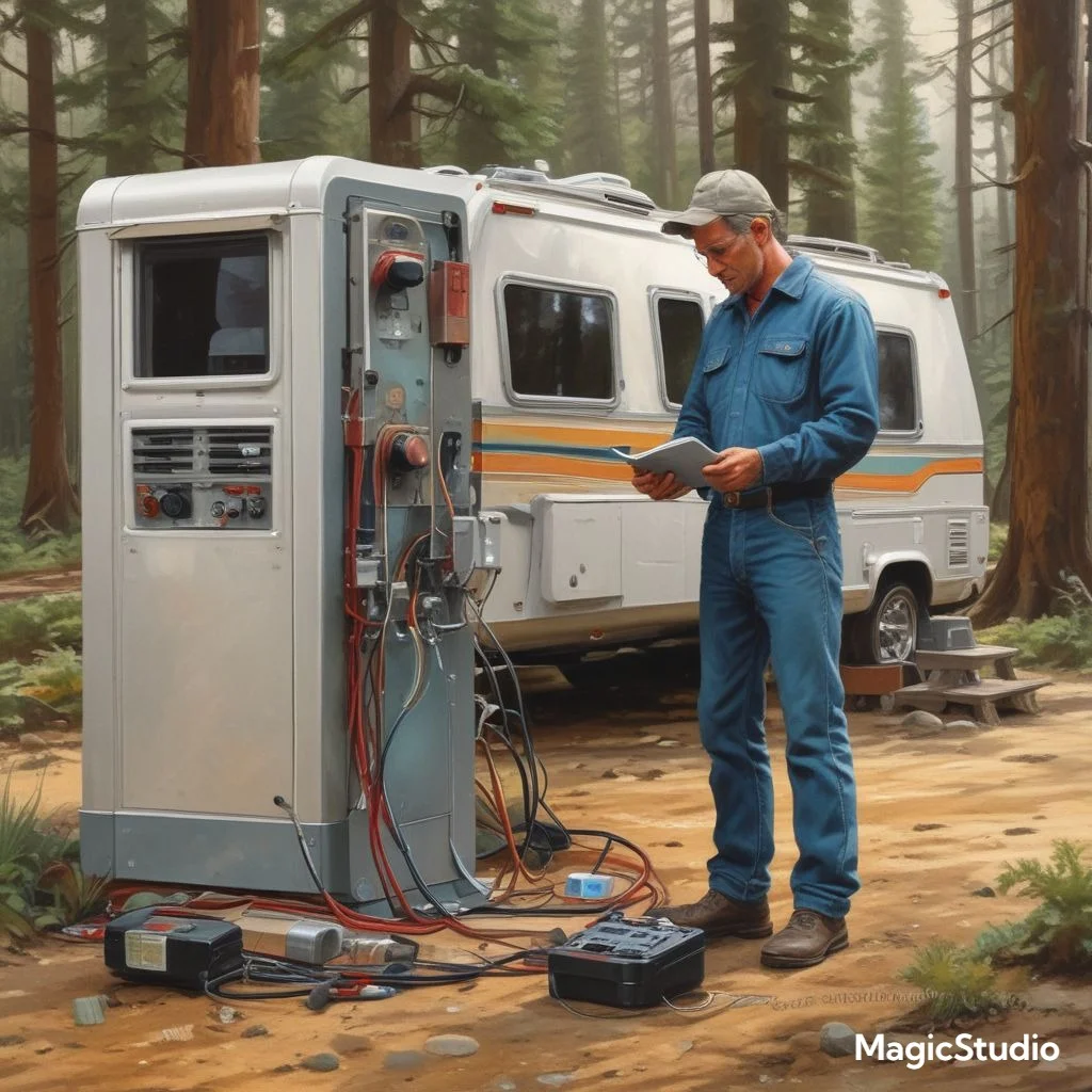 "An RV owner using a multimeter to check the voltage at a campsite power pedestal to troubleshoot insufficient power supply."