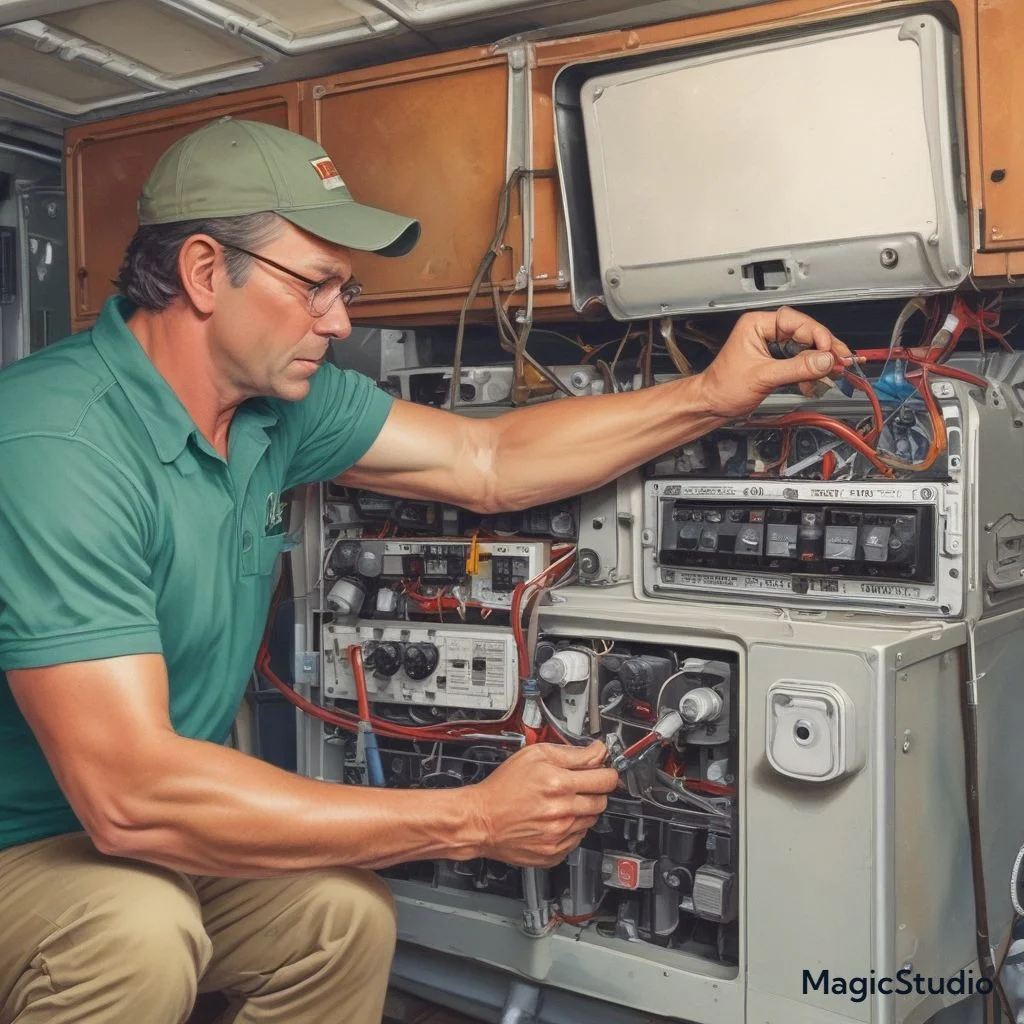 "A technician replacing a blown fuse in the fuse box of an RV, demonstrating how to fix electrical issues for a Dometic air conditioner."