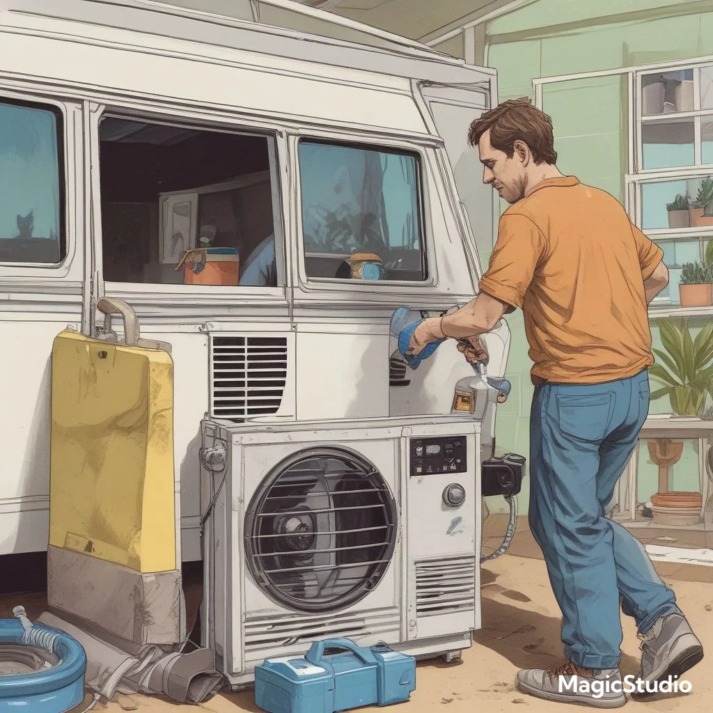 "An RV owner removing a dusty air filter from a Dometic air conditioner, with cleaning supplies like soap and water nearby."