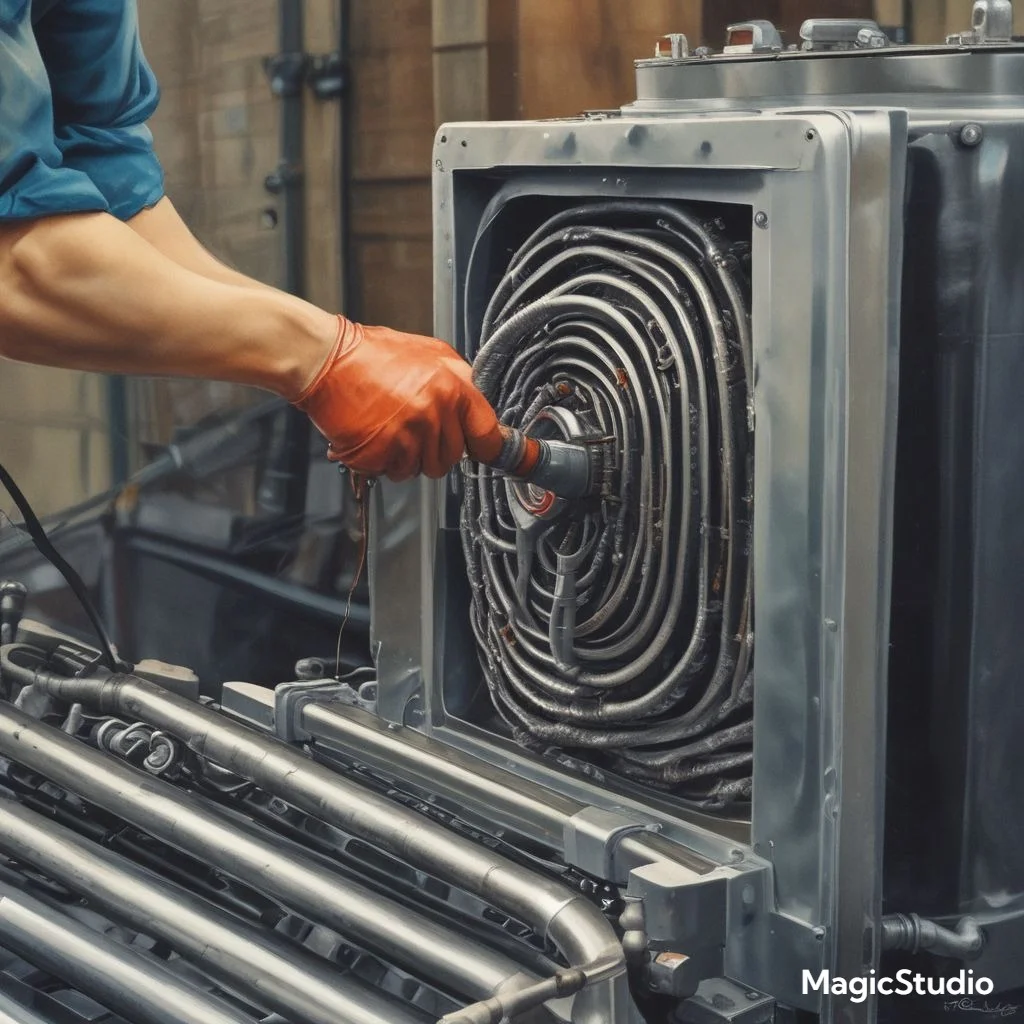 "Close-up of an evaporator coil being cleaned with a soft brush, emphasizing the importance of maintaining clean coils for efficient cooling."