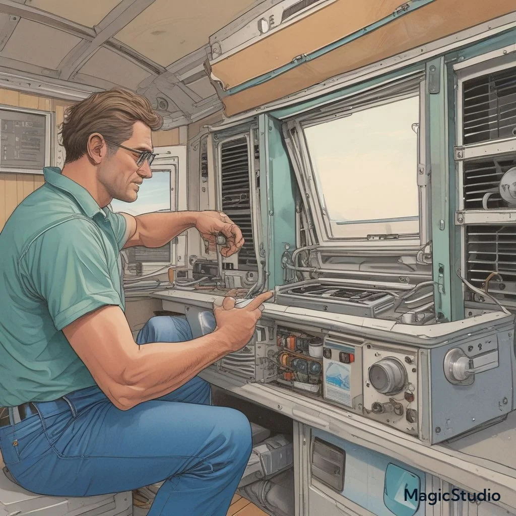 "An RV owner opening the access panel of a Dometic air conditioner to tighten loose screws and inspect components for rattling noises."