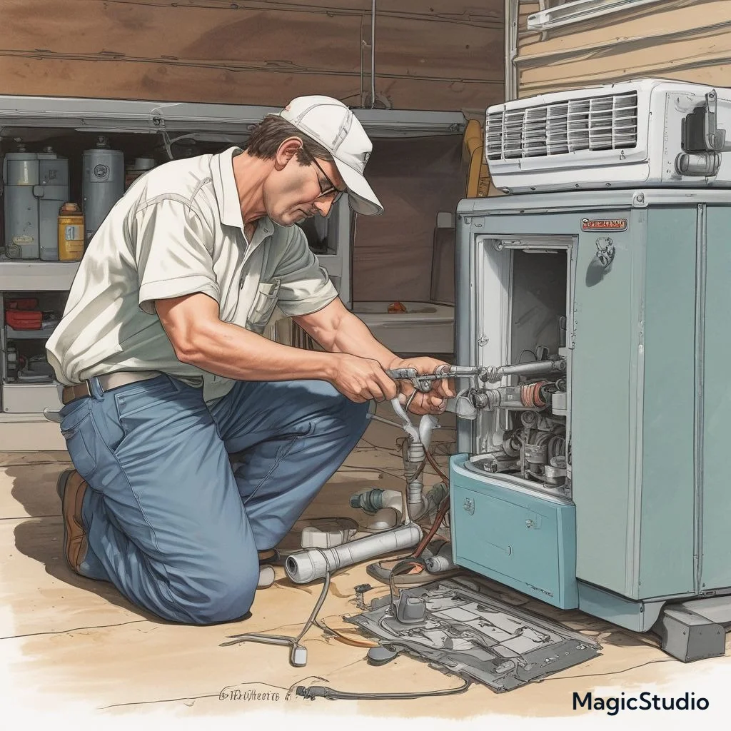 "An RV owner cleaning a condensation drain line of a Dometic air conditioner using a small pipe cleaner to clear blockages and prevent water leaks."