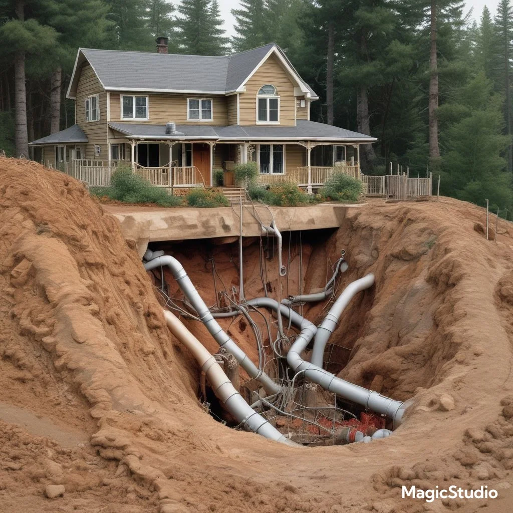 An underground installation of a ground source heat pump, showing pipes buried in the earth, with a cozy suburban home above.